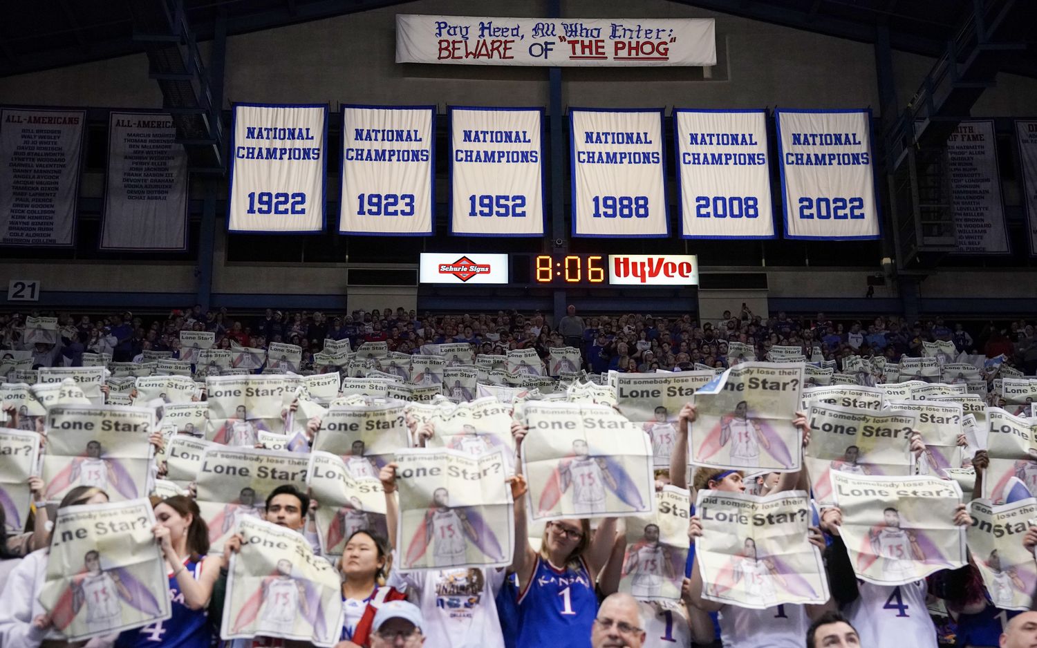 Feb 28, 2023; Lawrence, Kansas, USA; Kansas Jayhawks fans show support against the Texas Tech Red Raiders prior to a game at Allen Fieldhouse. Mandatory Credit: Denny Medley-USA TODAY Sports